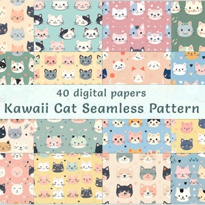 Clipart chat | Motifs kawaii | Carrelage sans couture | 40 fichiers JPEG | Impression en sublimation aquarelle | Modèles de tissu à usage commercial | Contexte