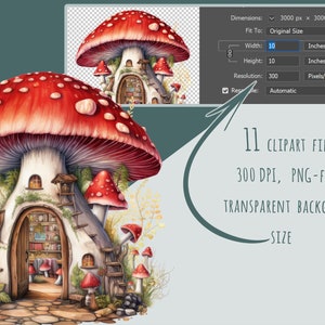 Imágenes prediseñadas de la cabaña de hadas, 11 PNG de alta calidad, pegatinas de la casa Pixie, uso comercial de la casa de los magos de la acuarela, imprimibles de cuento de hadas de hongos