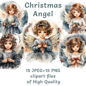 Angel Clipart | 15 PNG + JPEG | Watercolor Christmas Clipart | Commercial Use valentine&#39;s Day digital bundle | Sublimation print nursery art