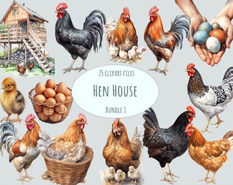 Chicken and Rooster Clipart, 15 Watercolor Rustic Farm Bird PNG Files, Countryside Egg Illustrations, Poultry Art for commercial use