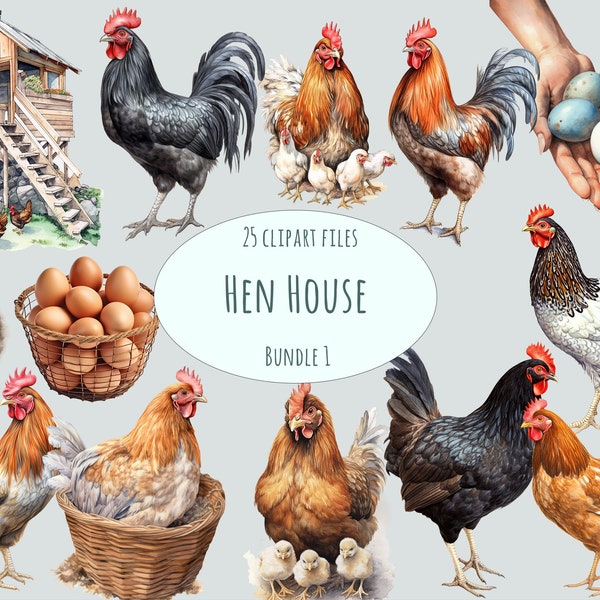 Chicken and Rooster Clipart, 15 Watercolor Rustic Farm Bird PNG Files, Countryside Egg Illustrations, Poultry Art for commercial use