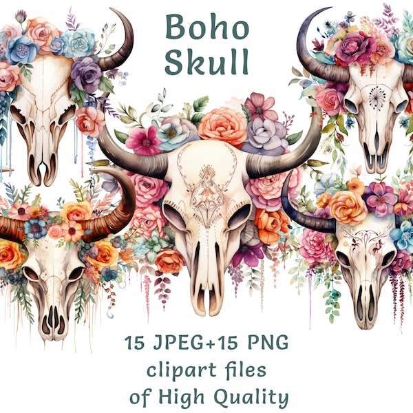 Boho Floral Cow Skull Clipart, 15 PNG and JPEG, Watercolor Boho Cow Scull Illustrations, Rustic Flower Skull Graphics, Commercial Use