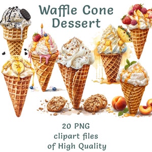 Summer Bliss Ice Cream Cones Clipart: 20 Watercolor PNG, Refreshing Dessert Illustrations for Commercial Use, Nursery Sundae Waffle Food