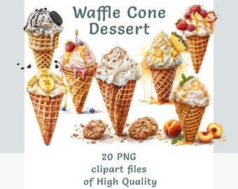 May include: A set of 20 high-quality PNG clipart files featuring various waffle cone desserts. The cones are filled with different ice cream flavors and toppings, including chocolate, vanilla, strawberry, banana, pineapple, and whipped cream. The cones are decorated with sprinkles, chocolate chips, and fruit slices. The text "Waffle Cone Dessert" is written at the top of the image.