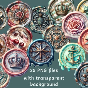 May include: A set of 25 digital images of vintage wax seals with various designs, including crowns, flowers, bows, and nautical themes. The seals are in a variety of colors, including gold, red, blue, green, and white. The images are PNG files with transparent backgrounds.