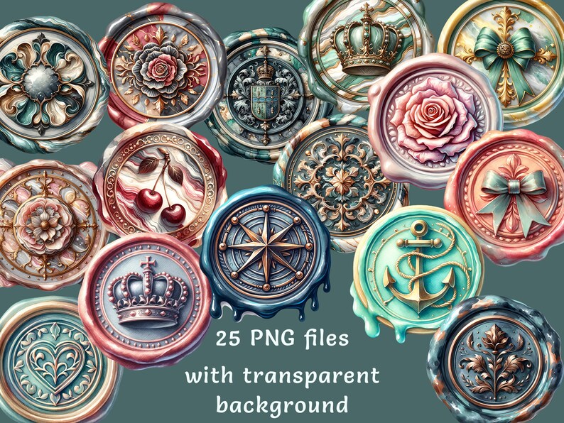 May include: A set of 25 digital images of vintage wax seals with various designs, including crowns, flowers, bows, and nautical themes. The seals are in a variety of colors, including gold, red, blue, green, and white. The images are PNG files with transparent backgrounds.