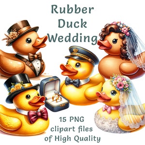 Clipart di matrimonio con papera di gomma: 15 PNG ad acquerello unici per inviti e creazioni, uso commerciale - Collezione d'arte digitale romantica e stravagante