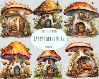 Halloween mushroom clipart bundle, Watercolor house clipart, Commercial use fantasy forest cottage, Sublimation print sticker set