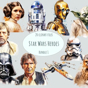 Star wars clipart, 20 Watercolor Starwars characters portraits, High quality PNGs Fantasy clipart commercial use sci fi stickers printables