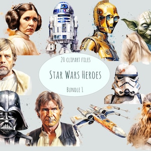 Star wars clipart, 20 Watercolor Starwars characters portraits, High quality PNGs Fantasy clipart commercial use sci fi stickers printables