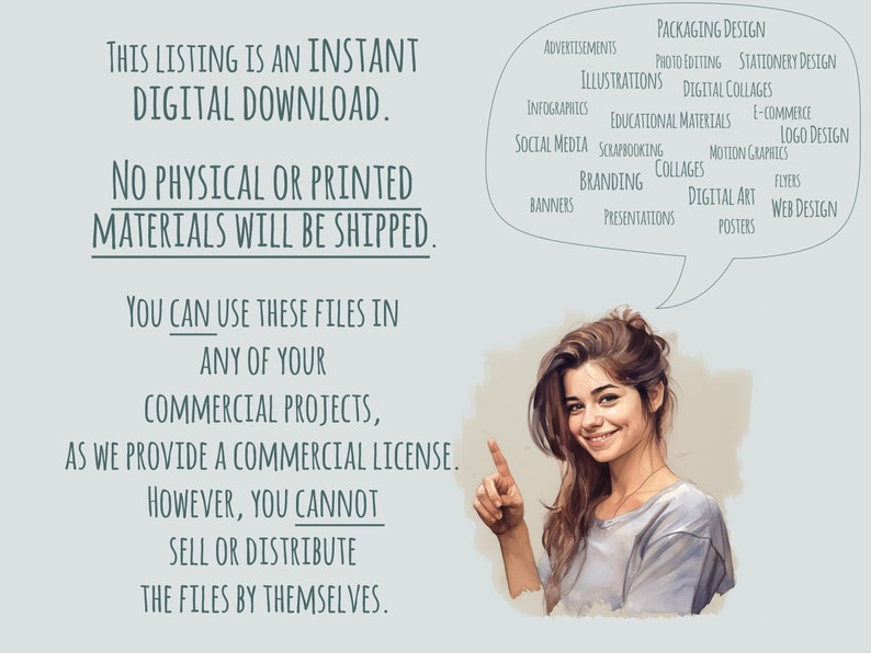 May include: Digital download listing with text: "THIS LISTING IS AN INSTANT DIGITAL DOWNLOAD. NO PHYSICAL OR PRINTED MATERIALS WILL BE SHIPPED." A woman points upwards, with a thought bubble containing design-related terms like "illustrations" and "web design."