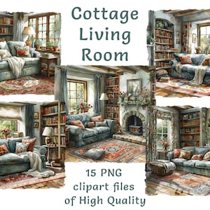 Cottage Living Room Clipart - 15 file PNG dell'acquerello, arte digitale accogliente Home Decor, download istantaneo, illustrazioni di interior design rustico