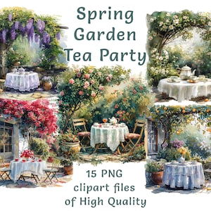 Colección Vintage Garden Tea Party Clipart - Juego de té y accesorios de acuarela, 15 archivos PNG, uso comercial - Perfecto para invitaciones
