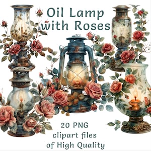 Clipart de lâmpada de óleo vintage com rosas - 20 PNGs elegantes em aquarela para convites, decoração de casa, download digital, arte floral, projetos de artesanato