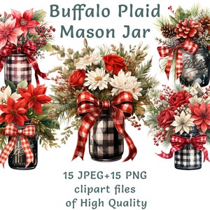Jar clipart | 15 PNG e JPEG | Pacote digital de jarra de vidro com estampa xadrez de búfalo em aquarela | Scrapbooking digital para decoração de casa para uso comercial