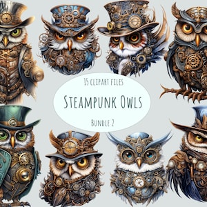 May include: A digital illustration set of 15 steampunk owls with intricate details, including gears, cogs, and clockwork. The owls are wearing top hats and have a variety of colours and patterns.