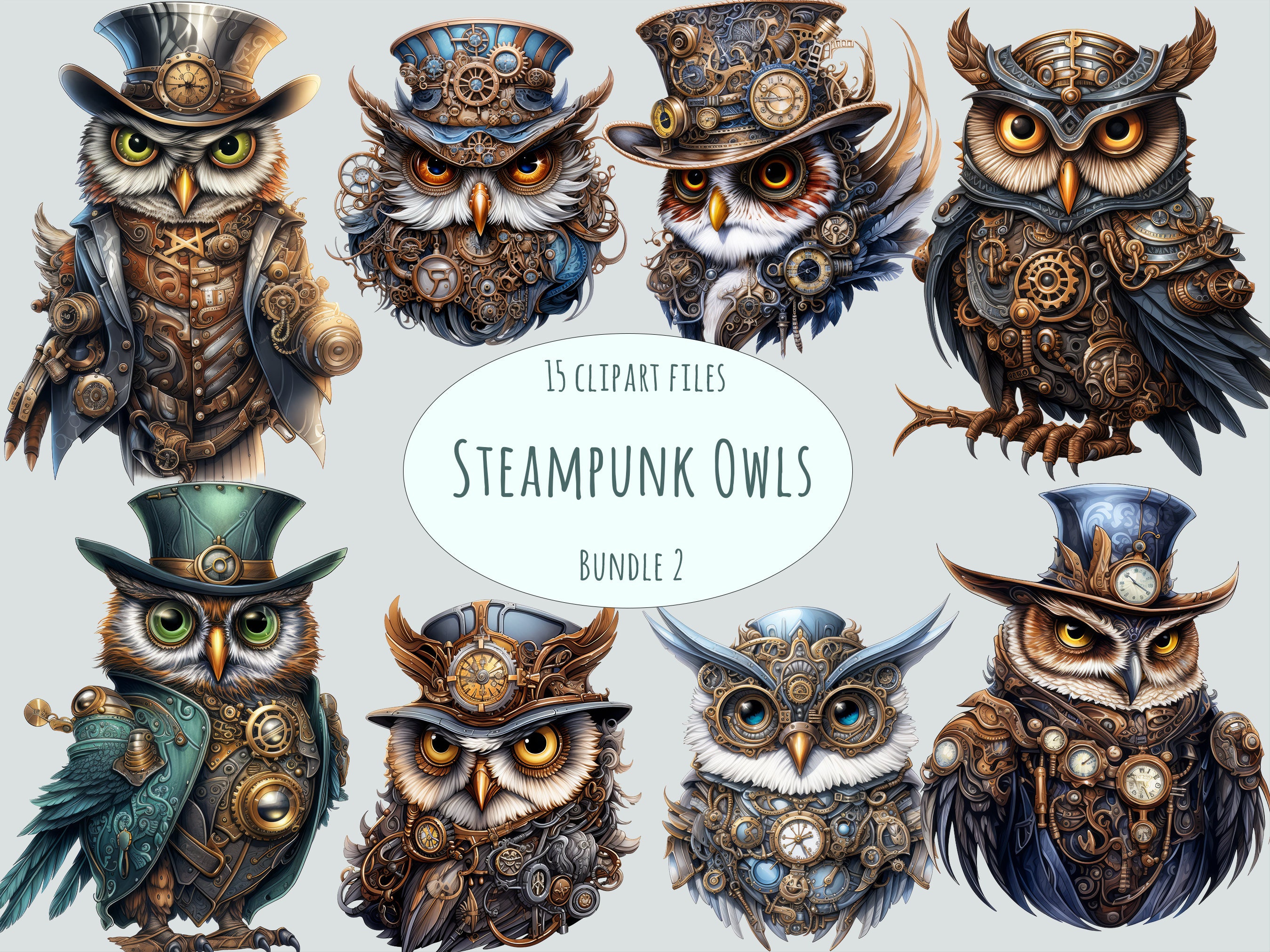 Steampunk clipart | 15 PNG | Watercolor owl clipart | Commercial use sublimation print digital mecha