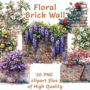 Clipart de Parede de Tijolos | 20 Arquivos PNG de Aquarela | Uso Comercial | Parede de Castelo Vintage | Adesivos Florais | Parede de Pedra Antiga com Flores