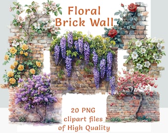 Bakstenen muurafbeeldingen | 20 aquarel png-bestanden | Commercieel gebruik | Vintage kasteelmuur | Bloemenstickers | Antieke stenen muur met bloemen