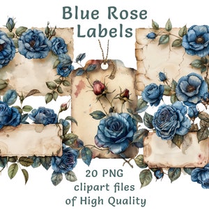 Étiquettes imprimables | 20 fichiers PNG | Clipart d'étiquettes de roses bleues à l'aquarelle | Lot numérique de journaux indésirables | Étiquettes pour pots à usage commercial | Balises