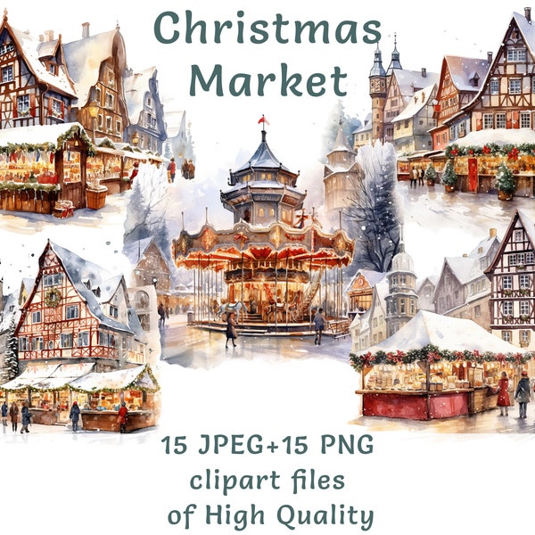 Europäischer Weihnachtsmarkt Clipart, 15 Aquarell PNG & JPEG Winterszenen für kommerzielle Nutzung, Festliche Urlaubsreisen Digitale Kunstsammlung