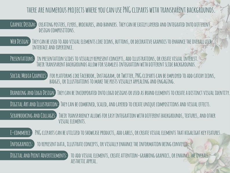 May include: A teal and white infographic detailing various applications of PNG cliparts with transparent backgrounds. The text lists uses in graphic design, web design, presentations, social media, branding, digital art, scrapbooking, e-commerce, infographics, and advertisements.