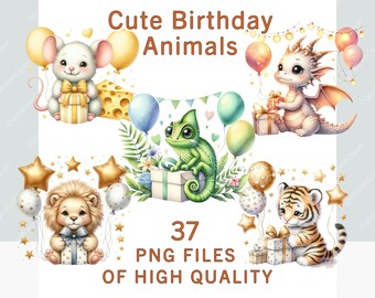 Pode incluir: Conjunto de clipart de animais de aniversário fofinhos com 37 arquivos PNG de alta qualidade. O conjunto inclui um rato, um dragão, um camaleão, um leão e um tigre, cada um segurando um presente e cercado por balões e estrelas.
