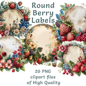 Aquarell Beeren Dosen Etiketten Clipart - 20 runde PNG Designs für hausgemachte Eingemachtes, kommerzielle Nutzung, Sofort Download, süßes Essen printables