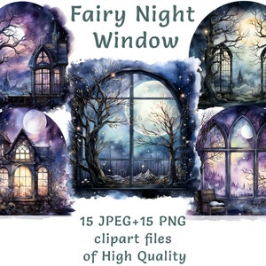 Window Clipart | 15 PNG + JPEG | Watercolor halloween clipart | Commercial use sublimation print digital night window bundle | Mystery set