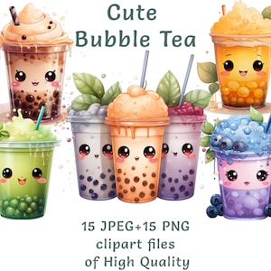Kawaii Bubble Tea Clipart | Niedliches Boba Tea PNG JPEG Set für Digitale Projekte, Scrapbooking, Sublimationsaufkleber | Becher | Straßenküche