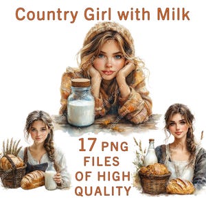 Clipart fille | Clipart de lait | 17 fichiers PNG | Clipart nourriture | Stickers Pain | Clipart paysanne | Stickers Ferme | Utilisation commerciale