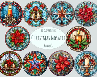 Watercolor Stained Glass Christmas Clipart - 20 PNG, Festive Window Art for Commercial Use, Instant Download, Winter Mosaic Printables