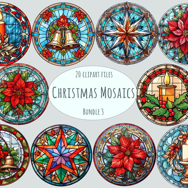 Watercolor Stained Glass Christmas Clipart - 20 PNG, Festive Window Art for Commercial Use, Instant Download, Winter Mosaic Printables
