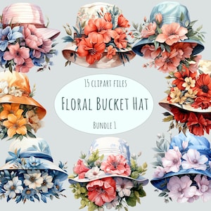 Hut Clipart | 15 PNG-Dateien | Aquarell Hut Aufkleber | Fischerhut Clipart | Kommerzielle Nutzung | Blumenaufkleber | Blumen Anglerhut Art