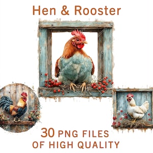 Birds clipart | 30 PNG | Watercolor chicken clipart | Commercial use sublimation print rooster and hen digital stickers | Farmhouse art
