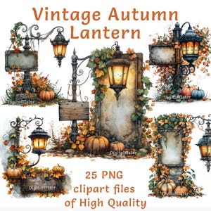 Clipart lantaarnpaal | 25 png-bestand | Digitale clipartbundel aquarel herfstlantaarn | Commercieel gebruik sublimatieprint met halloween-thema | Straatkunst