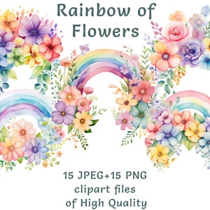 Rainbow Flower clipart voor commercieel gebruik-15 kleurrijke aquarel png-bestanden, perfect voor digitale scrapbooking, uitnodigingen en kinderkamerdecoratie
