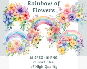 Rainbow clipart bundle, Watercolor floral clipart, Commercial use flowers stickers set, Sublimation print nursery illustrations pack