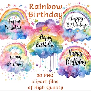 Pegatinas arco iris, 20 archivos de imágenes prediseñadas PNG de feliz cumpleaños de acuarela, uso comercial, descarga digital perfecta para la decoración de habitaciones, mesas o pasteles