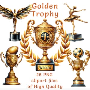 Goldene Trophäe Clipart - 25 Aquarell PNG für den kommerziellen Gebrauch, ideal für Preisverleihungen, Sportveranstaltungen, Motivation und Leistungsgrafiken