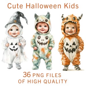 Clipart Halloween kinderen, 36 illustraties png-kostuums, aquarel Trick or Treat, leuke Halloween-kunst, commerciële licentie, Instant Download