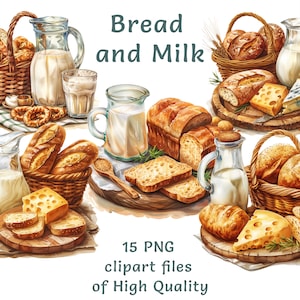 Colección de imágenes prediseñadas de cesta de desayuno - 15 acuarela PNG, arte digital de pan y leche para uso comercial, descarga instantánea, etiqueta de comida sabrosa