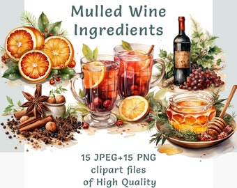 Christmas mulled wine clipart bundle, watercolor drink clipart, commercial use festive drink stickers set, sublimation print market png art
