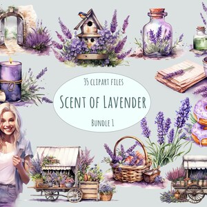 Clipart de Lavanda | 35 arquivos PNG | Clipart de comida em aquarela | Clipart floral para uso comercial | Gráficos roxos | Impressão por sublimação, Arte digital