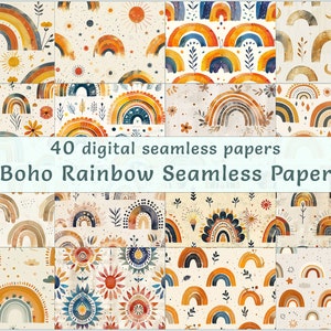 Naadloze boho-regenboogtegels voor commercieel gebruik, 40 aquarel jpeg-afbeeldingen, perfect voor scrapbooking, uitnodigingen en digitale kunstprojecten