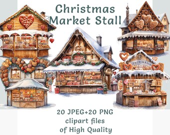 Christmas Market Clipart bundle, Watercolor christmas clipart, Commercial use winter city stall stickers, Sublimation print digital vintage