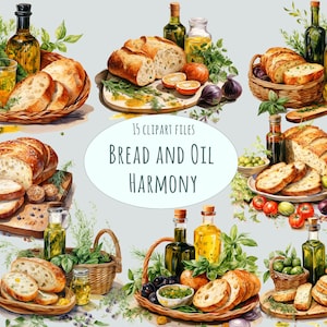 Mediterran Essen Clipart | 15 Rustikales Brot & Olivenöl PNG | Italienische Küche Dekor, Printables Kochen, Rezeptkarten, Restaurant Grafiken