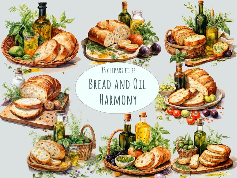 A collection of 15 Mediterranean food cliparts featuring fresh bread, olive oil, herbs, and garlic. Perfect for restaurant menus, food blogs, kitchen wall art, and Italian-themed projects.