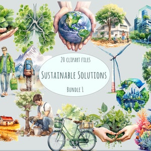 Puede incluir: Ilustraciones en acuarela sobre conceptos de vida sostenible. La imagen incluye manos sosteniendo plantas y la Tierra, personas caminando, aerogeneradores y una bicicleta. El texto dice "Sustainable Solutions Bundle 1."