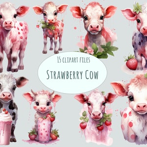 Clipart vache fraise | 15 PNG en téléchargement numérique | Veau rose avec milkshakes, petits fruits | Sublimation d'animaux de la ferme, autocollants, travaux manuels